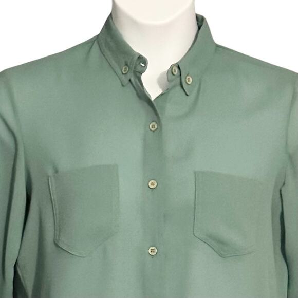 Vintage 70s Business Blouse Sheer Button Up Top Size 12 Retro Sage Green Pockets - Picture 4 of 5